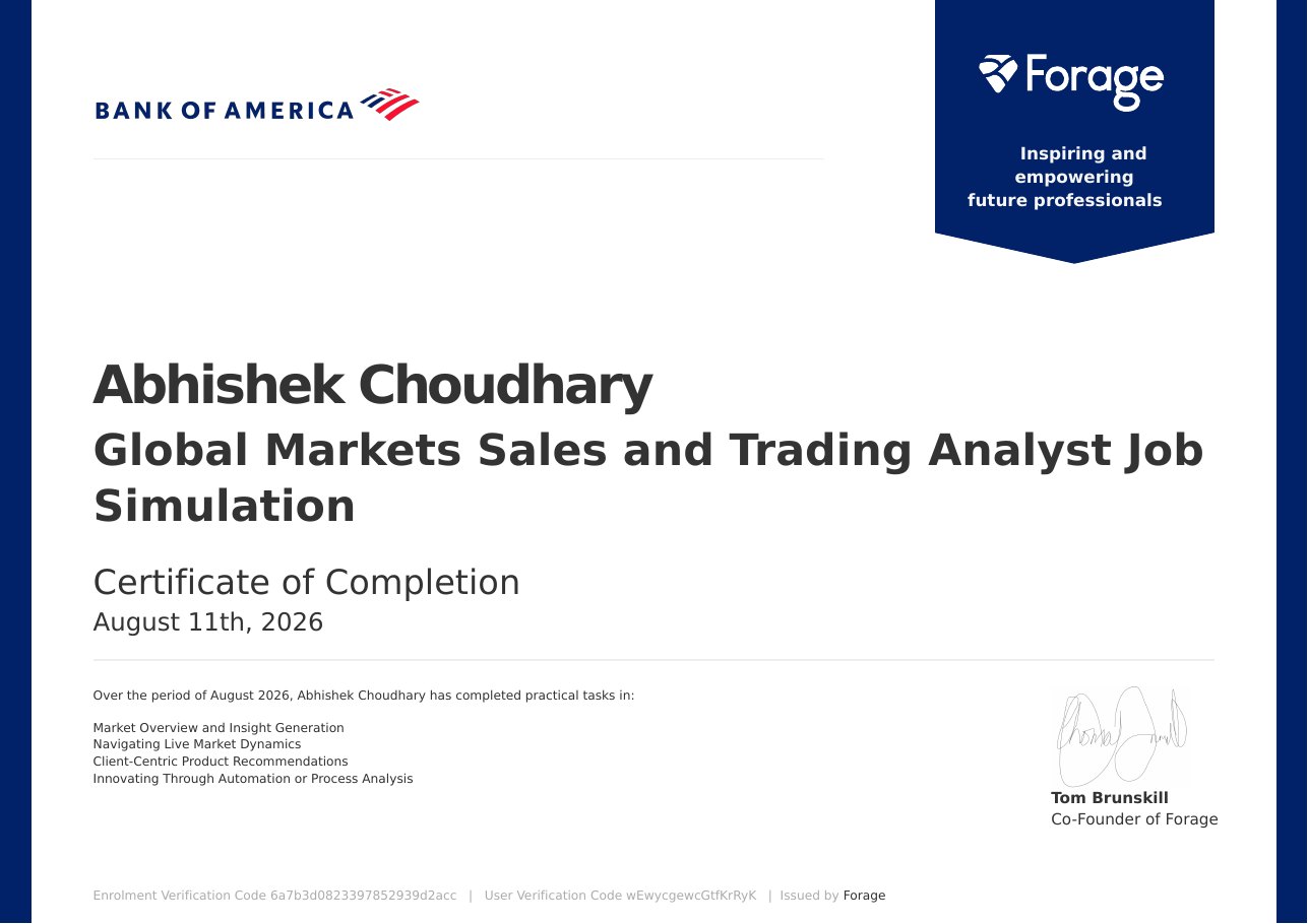 Bank of America - Global Markets Sales and Trading Analyst Job Simulation certificate preview