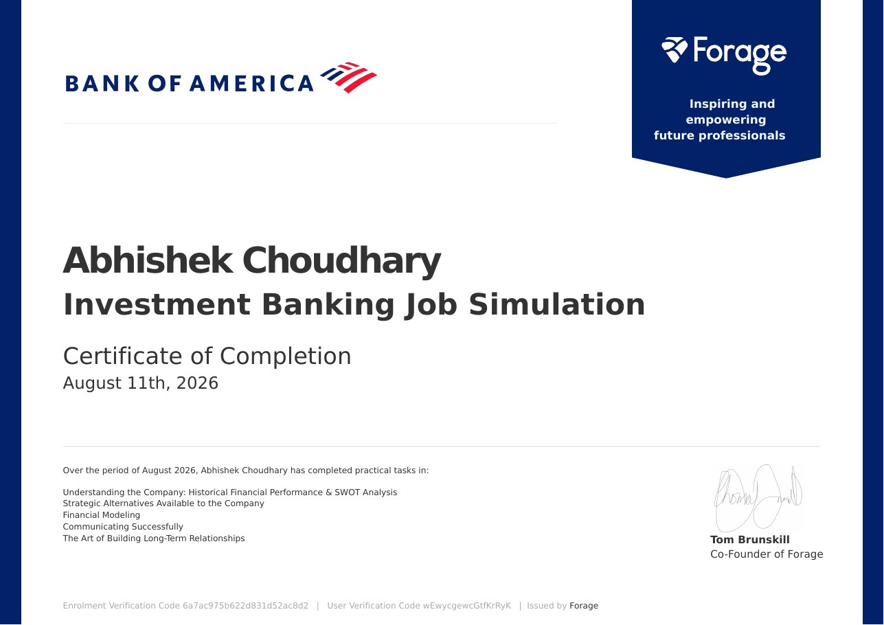 Bank of America - Investment Banking Job Simulation certificate preview