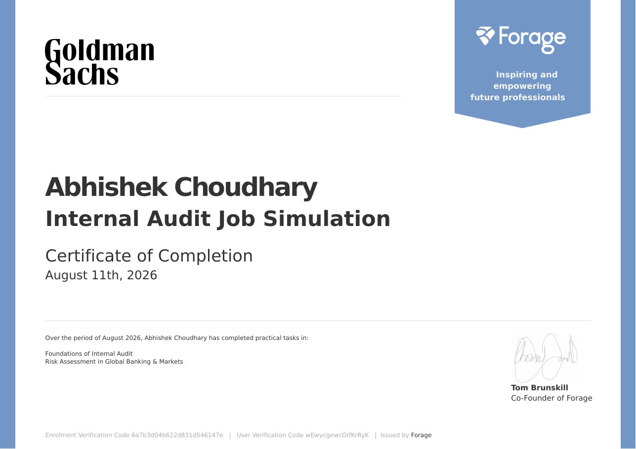 Goldman Sachs - Internal Audit Job Simulation certificate preview